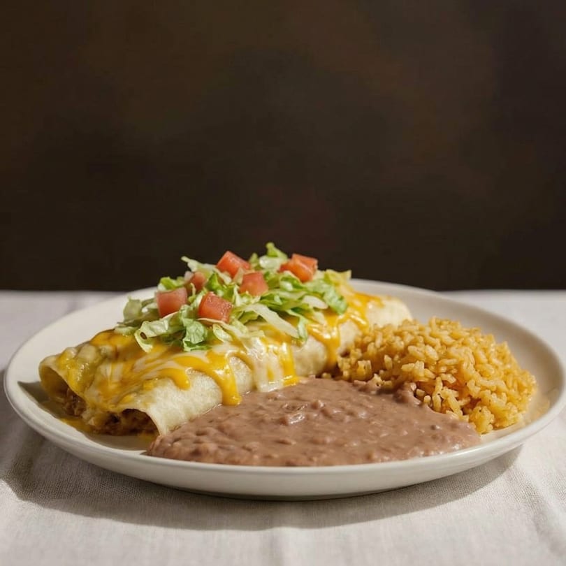 Two cheesy enchiladas topped with lettuce and diced tomatoes, served with rice and refried beans.