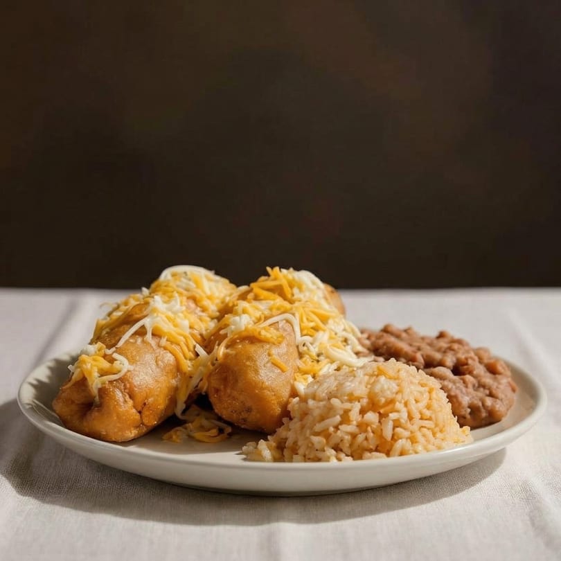Three cheese-covered burritos with a side of rice and refried beans on a white plate.