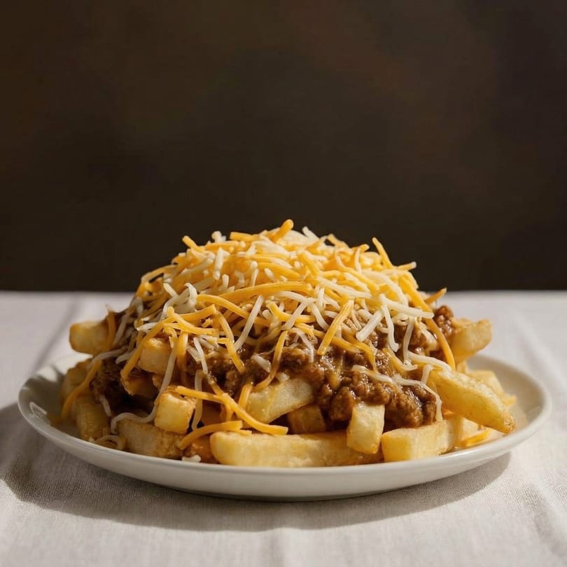 A plate of golden french fries topped with savory chili and shredded cheddar and Monterey Jack cheeses.