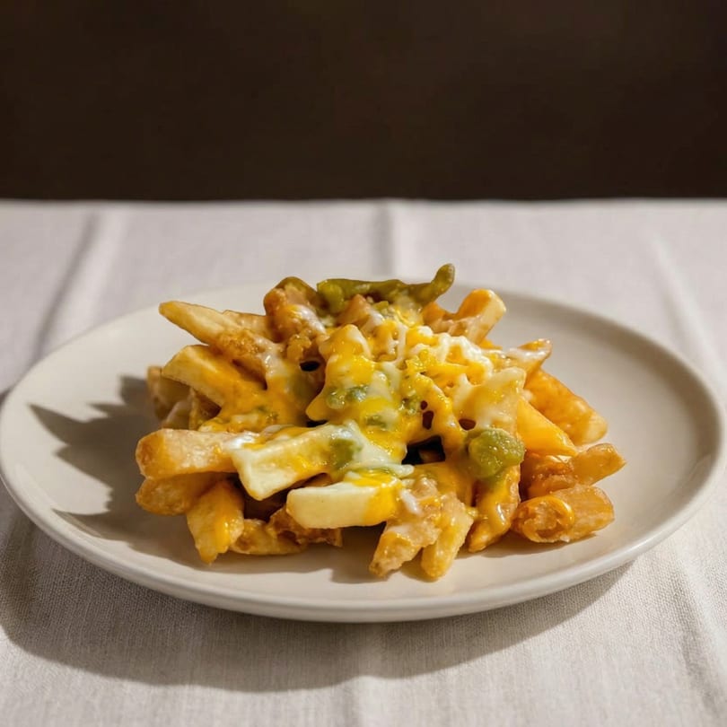 Golden french fries topped with melted cheese and green peppers on a white plate.