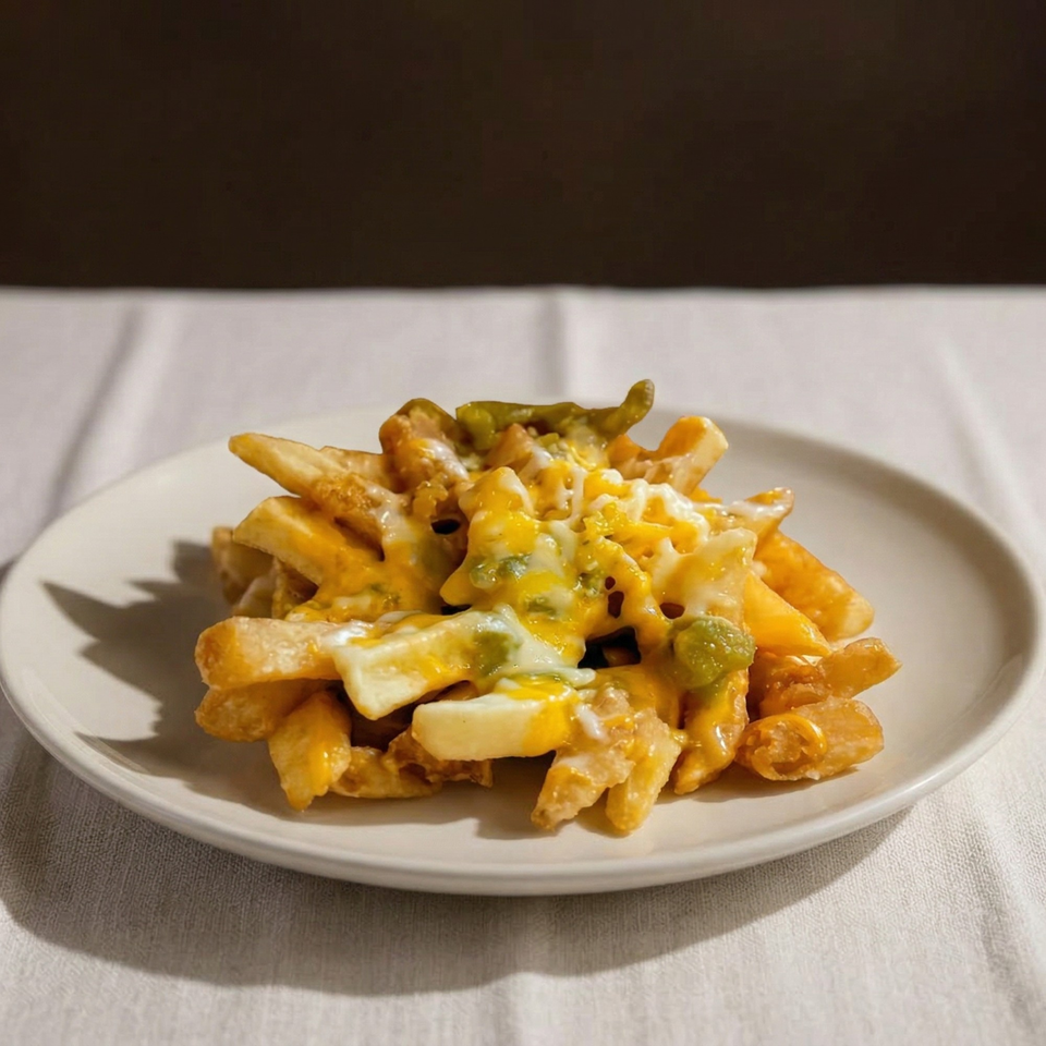 Golden french fries topped with melted cheese and green peppers on a white plate.