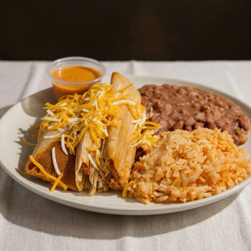 Two cheese-topped tamales with rice, refried beans, and a side of sauce on a white plate.