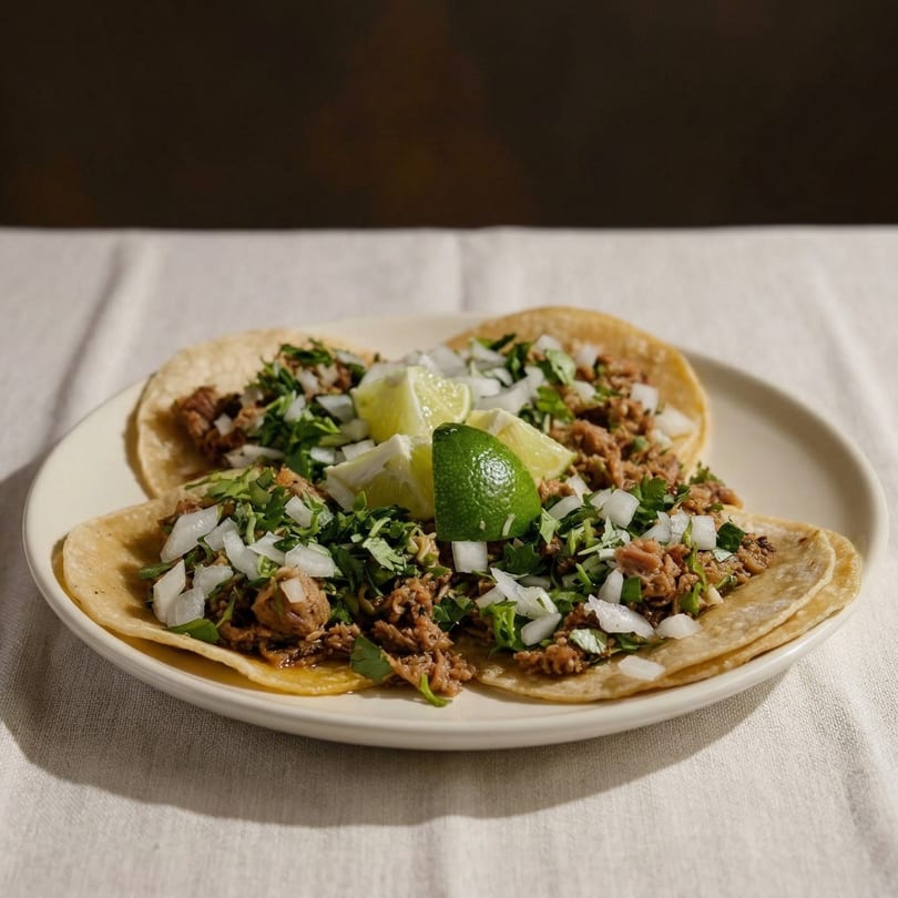 Three street tacos with meat, cilantro, onions, and lime wedges on a white plate.