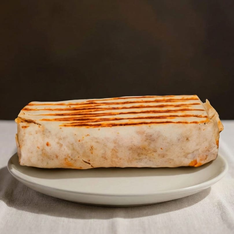 Grilled burrito with visible grill marks on a white plate, against a dark background.
